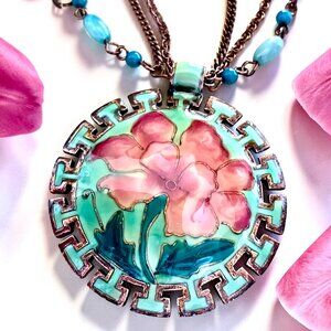 Pendant Necklace Copper Flower Enamel Beads AS IS chain broken